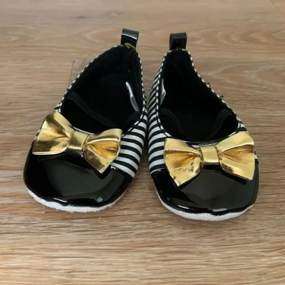 HB 6-12 Months Black Striped Patent Gold Bow Baby Girl Shoes